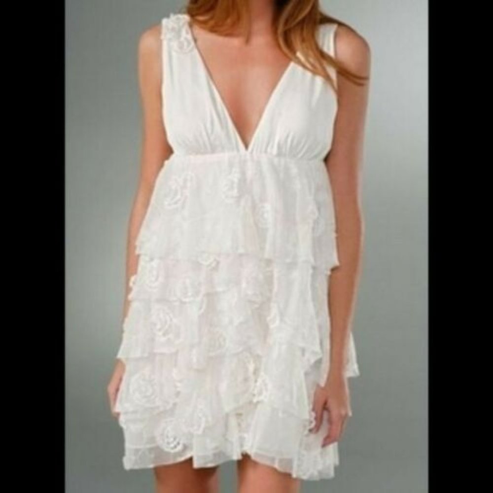 Alice + Olivia Cream Ruffle Lace Tiered Dress, XS